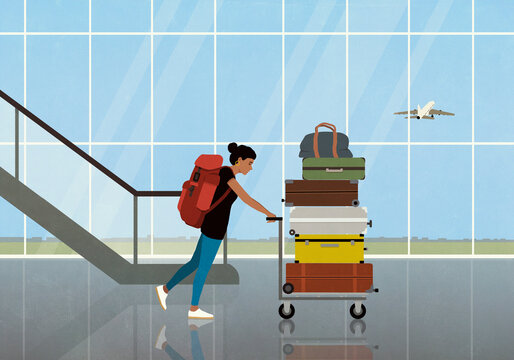 Woman with backpack pushing cart with stack of suitcases in airport
