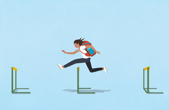 Schoolgirl with backpack jumping over hurdles on blue background
