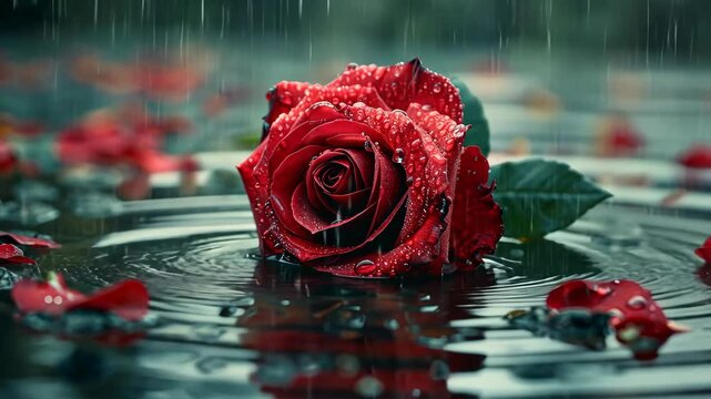 A single red rose sits in a puddle of water during a rainstorm