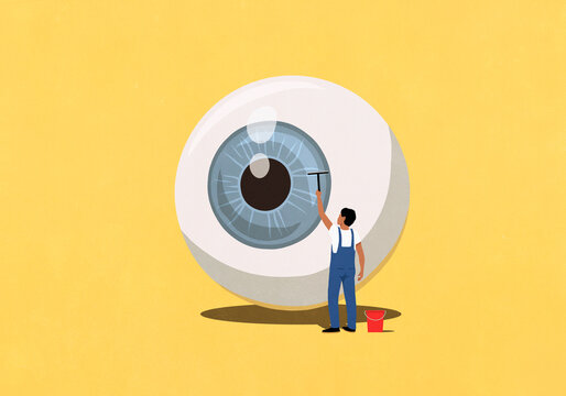 Man with squeegee cleaning large eyeball

