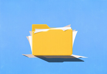 Paperwork spilling out of folder on blue background
