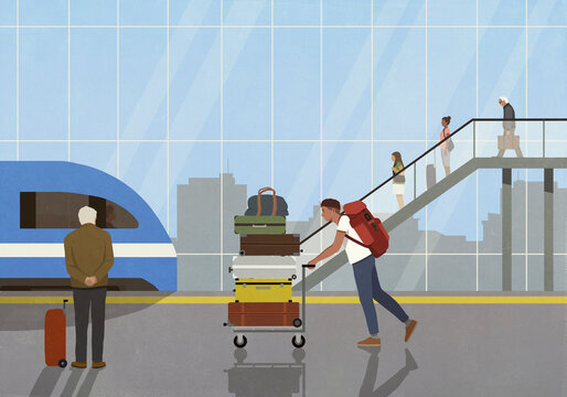 Man with backpack pushing cart with stack of suitcases in train station
