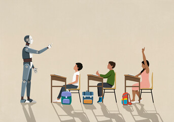 AI robot teaching schoolchildren at desks in classroom
