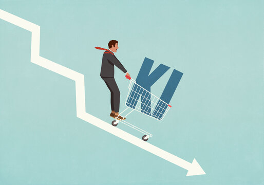 Businessman investor riding shopping cart with KI text down descending arrow
