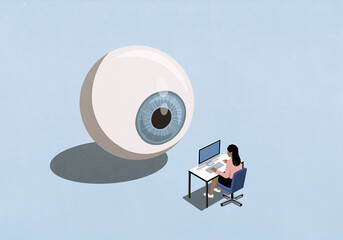 Large blue eyeball watching businesswoman working at computer
