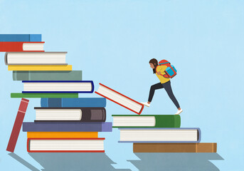 Girl with backpack climbing stack of books

