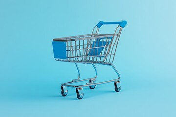 Colorful Shopping Bags and Cart on Minimalist Blue Background for Online Retail and E-commerce