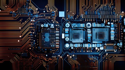 An intricate close-up of a complex microchip with gold circuitry illuminating intricate technological details and modern innovation.