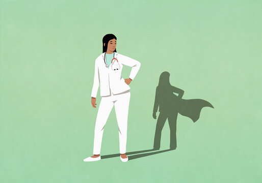 Superhero shadow of female doctor on green background
