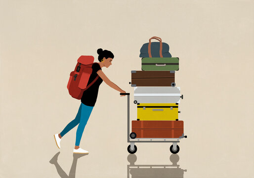 Woman with backpack pushing cart with stack of suitcases
