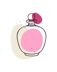 Womans perfume bottle with abstract pink shapes on minimalistic background. Logo emblem icon. Drawing of glass bottle with doodles, perfume spray for women.