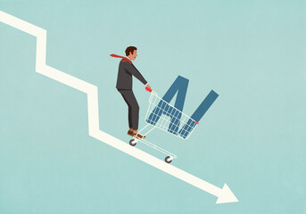 Man riding shopping cart with AI text down descending arrow
