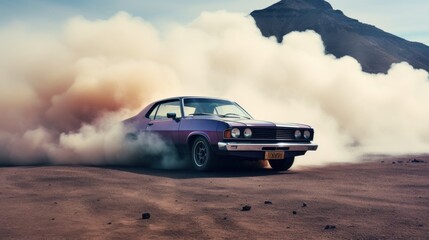 A powerful classic car drifts dramatically through thick clouds of dust, set against a barren desert landscape.