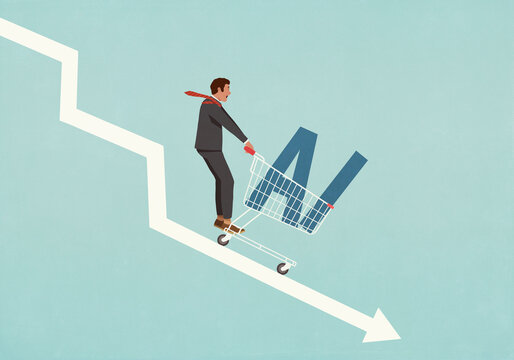 Man riding shopping cart with AI text down descending arrow
