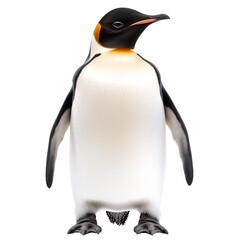 A majestic emperor penguin standing upright with a glossy black head and cream-colored belly, showcasing its unique features and charm against a white isolated background.