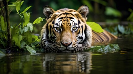 A fierce tiger emerges from a lush, green jungle, partially submerged in water, staring intensely ahead, reflecting power and majesty.