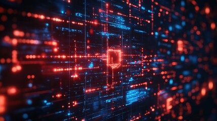 Obraz premium Dynamic digital landscape pulsating with vibrant blue and red lights creating a mesmerizing web of connectivity