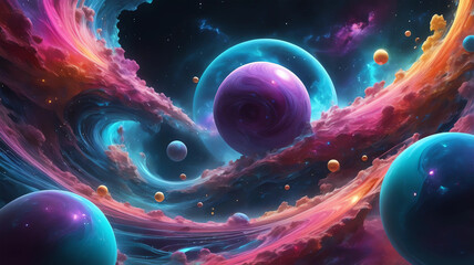 abstract landscape of cosmic elements such as galaxies, planets, nebulae