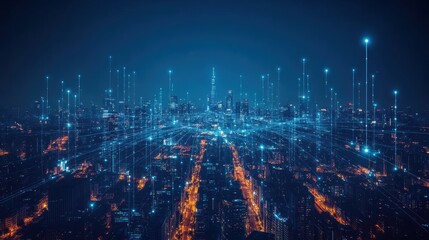 A vibrant urban skyline glowing with interconnected lights and data streams at night, showcasing a futuristic cityscape