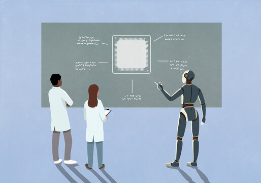 Robot and scientists examining microchip on blackboard

