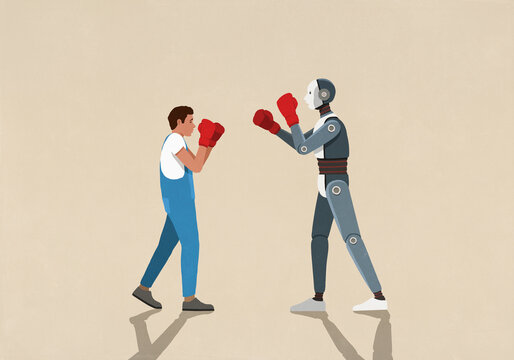 Robot and man in overalls boxing face to face with boxing gloves
