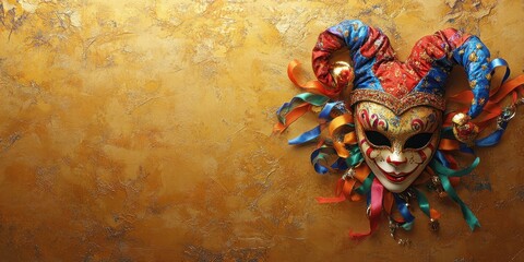 A vibrant carnival mask with colorful ribbons and intricate details, perfect for festive occasions and artistic displays, background with copy space