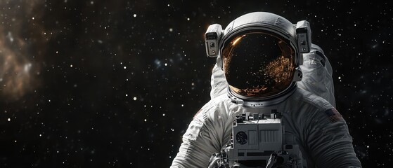 An astronaut exploring the vastness of space, surrounded by distant stars and cosmic wonders, capturing the essence of celestial adventure, background with copy space