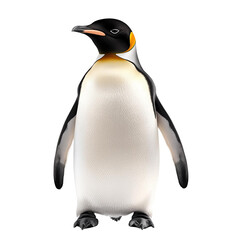 A realistic illustration of an emperor penguin standing proudly against a white isolated background, showcasing its distinct coloration and features.