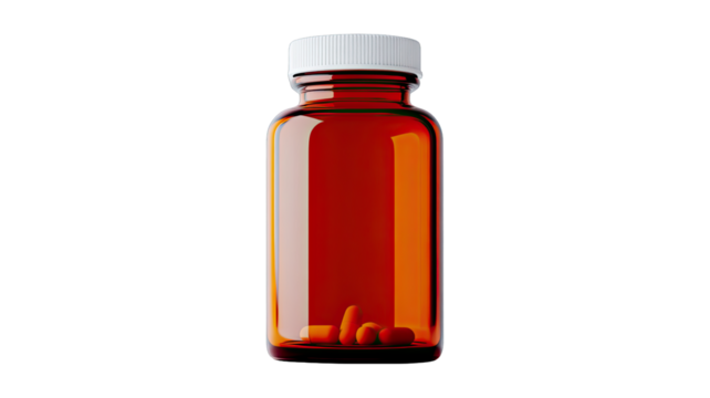 Brown medicine bottle with white cap and pills isolated on white background.