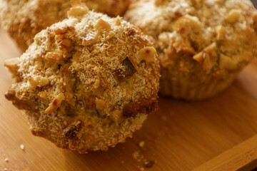 Coconut and Banana Muffins with Walnuts Close-Up