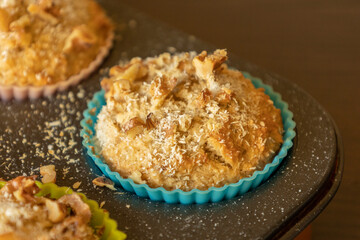 Coconut and Banana Muffins with Walnuts Close-Up