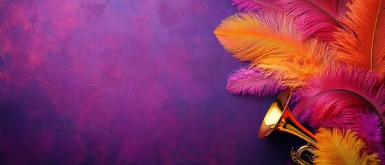 Obraz premium Vibrant background featuring colorful feathers and a golden trumpet, perfect for festive celebrations or music themes, background with copy space