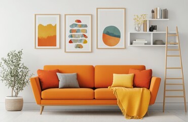 Bright orange sofa with decorative pillows in a modern living room featuring art and plants