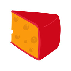 A piece of cheese in red wax in a flat style is voluminous. Vector illustration of the triangular shape of a dairy product. An isolated product on a white background. Cute simple print drawn sideways