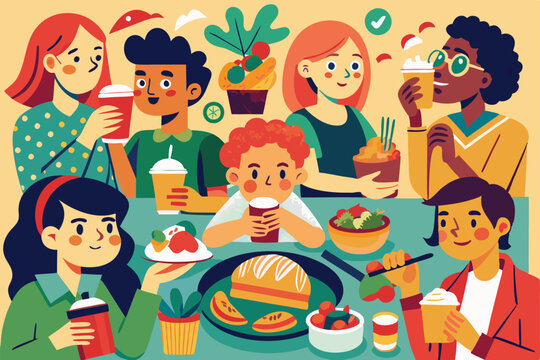 A diverse group shares a fun meal, savoring different dishes and drinks while smiling and chatting, Eat different foods. Customize disproportionate illustrations.