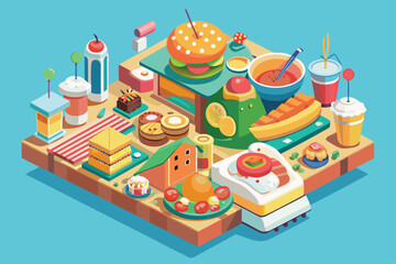Various colorful foods are arranged in an isometric style, inviting exploration and culinary creativity, Eat different foods with customizable isometric illustration.