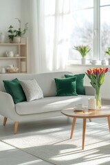 Bright and airy living room with a cozy sofa and fresh flowers in a modern home