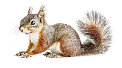 Squirrel (red, brown grey, black), animal isolated on a white background 