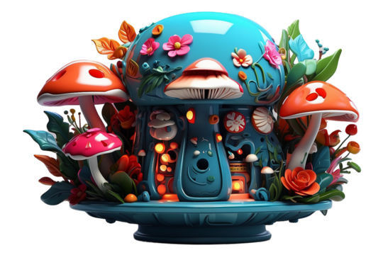Magical mushroom 3d style house on white background