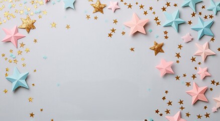 Colorful stars and confetti on a white background for festive decorations