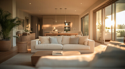 A sunlit modern living room showcasing minimalist design and open space with soft, neutral furnishings and natural plants