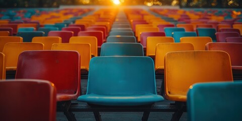 Fototapeta premium Colorful Empty Stadium with Rows of Seats at Sunset