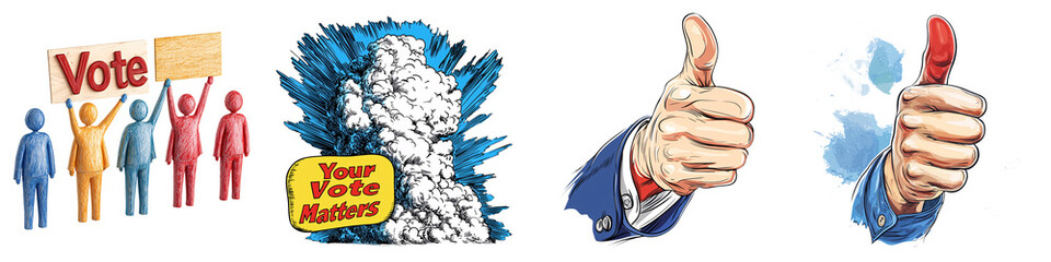 The image depicts voting advocacy with diverse figures holding a sign, a burst of color, and thumbs up, symbolizing support and engagement in elections.