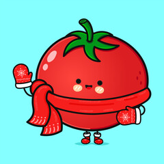 Funny smiling happy Tomato christmas. Vector flat cartoon character illustration icon design. Isolated on blue background