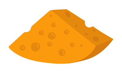 piece of yellow porous cheese in a flat style stands on its side. Vector illustration of large part of dairy product. An isolated product on white background. Cute print simple painted lying sideways
