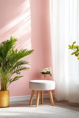 Bright and inviting indoor corner with pink wall, plants, and natural light in a cozy setting