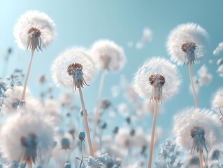 Dandelion Dreams - Illustration of Delicate Dandelions Against a Blue Sky