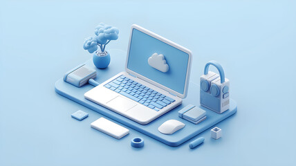 Futuristic Cloud Computing Workspace with Laptop and Accessories