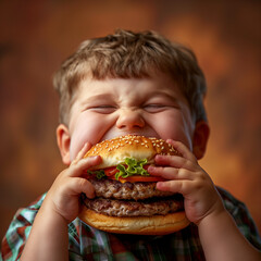 Naklejka premium A very fat and hungry boy opening his mouth to take a bite of a hamburger