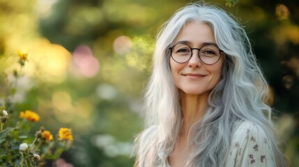 Obraz premium A smiling older woman with long gray hair stands among vibrant flowers in a sunlit garden during late afternoon